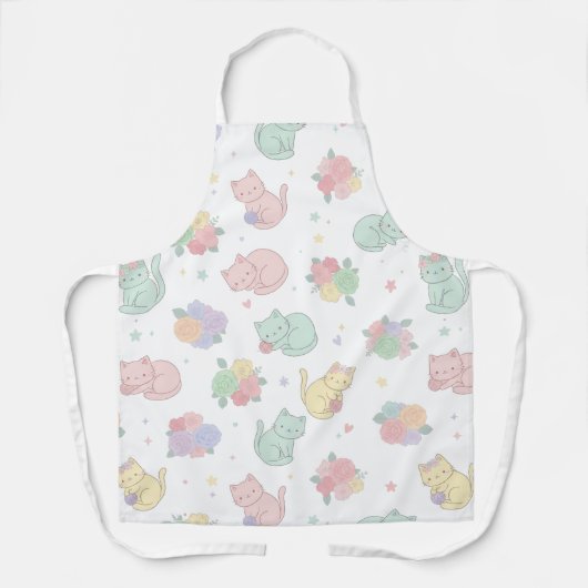 Kawaii Pastel Cats and Flowers Pattern Apron エプロン (正面)