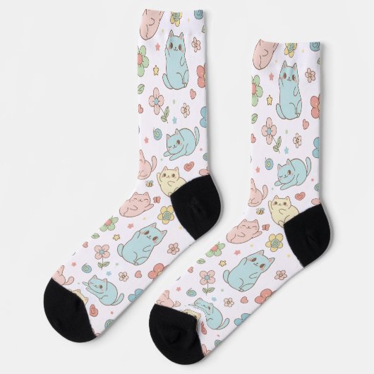 Kawaii Pastel Cats and Flowers Pattern Socks ソックス (左)