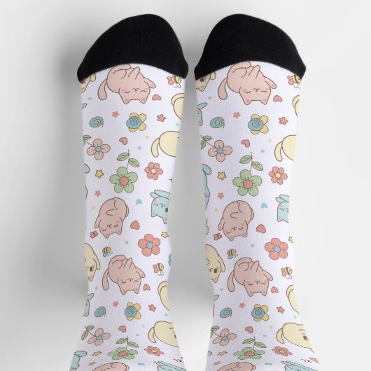Kawaii Pastel Cats and Flowers Pattern Socks ソックス (上部)