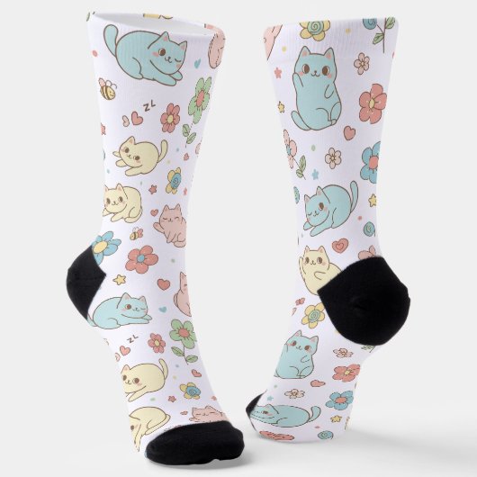 Kawaii Pastel Cats and Flowers Pattern Socks ソックス (傾斜あり)