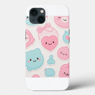 Kawaii Pastel Cute Faces Sticker Set – Pink & Blue iPhone 13ケース