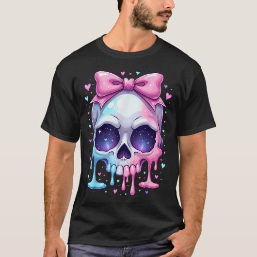 Kawaii Pastel Goth Creepy Bowtie Girl Skull Hallow Tシャツ (正面)