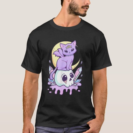 Kawaii Pastel Goth Cute Scary Witchy Cat and Skull Tシャツ (正面)