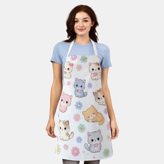Kawaii Pastel Kitten and Floral Pattern Apron エプロン (着用した状態)