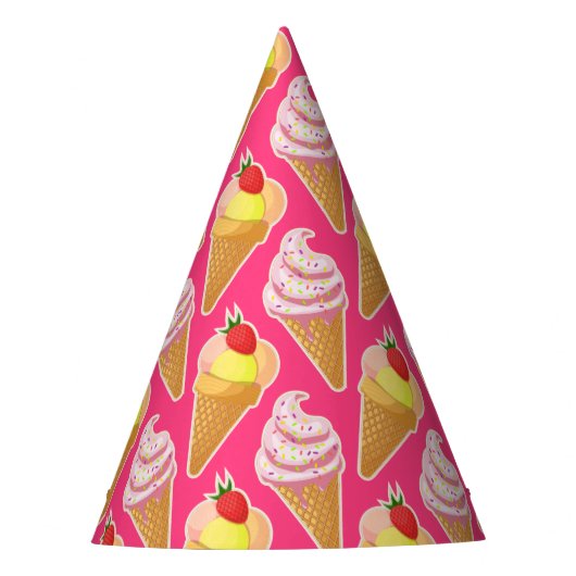 Kawaii pink pattern with strawberry ice cream パーティーハット (正面)