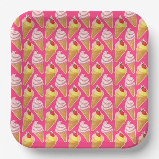 Kawaii pink pattern with strawberry ice cream ペーパープレート (正面)