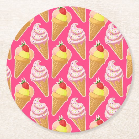 Kawaii pink pattern with strawberry ice cream  ラウンドペーパーコースター (正面)