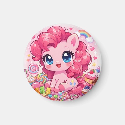 Kawaii Pink Pony Chibi Art Magnet マグネット (正面)