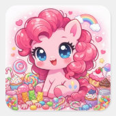 Kawaii Pink Pony Chibi Art – Sweet Candy & Cupcake スクエアシール (正面)
