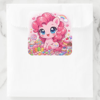 Kawaii Pink Pony Chibi Art – Sweet Candy & Cupcake スクエアシール