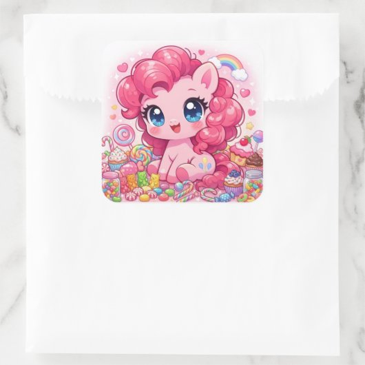 Kawaii Pink Pony Chibi Art – Sweet Candy & Cupcake スクエアシール (バッグ)