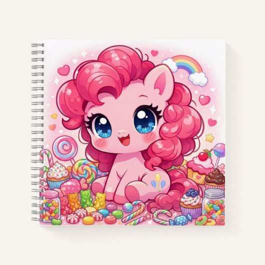 Kawaii Pink Pony Chibi Art – Sweet Candy & Cupcake ノートブック (正面)