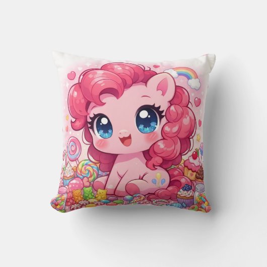 Kawaii Pink Pony Chibi Art Throw Pillow クッション (正面)