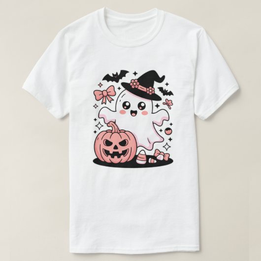 Kawaii Pink Witch Ghost with Pumpkin And Bows Tシャツ (デザイン正面)