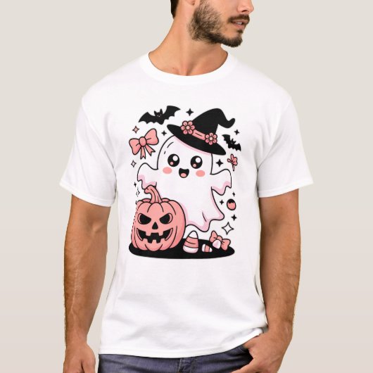 Kawaii Pink Witch Ghost with Pumpkin And Bows Tシャツ (正面)