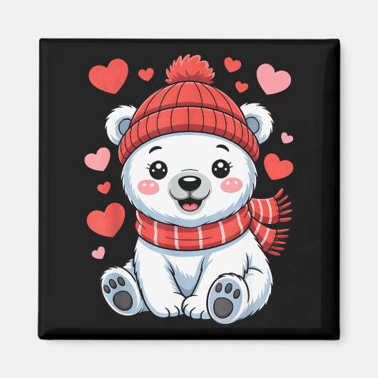 Kawaii Polar Bear Valentines Day Hearts Scarf Bean マグネット (正面)