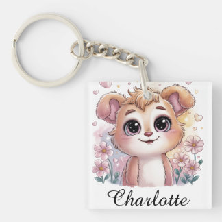 Kawaii Puppy with Spring Flowers and Hearts キーホルダー