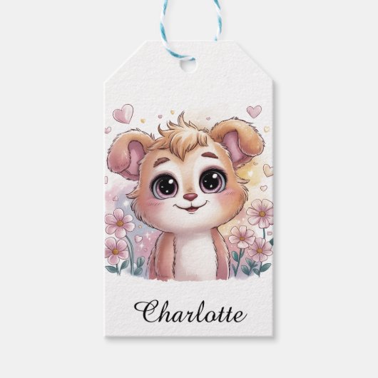 Kawaii Puppy with Spring Flowers and Hearts ギフトタグ (正面)