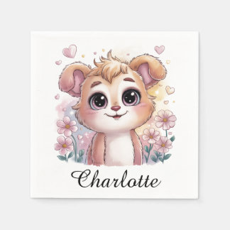 Kawaii Puppy with Spring Flowers and Hearts スタンダードカクテルナプキン