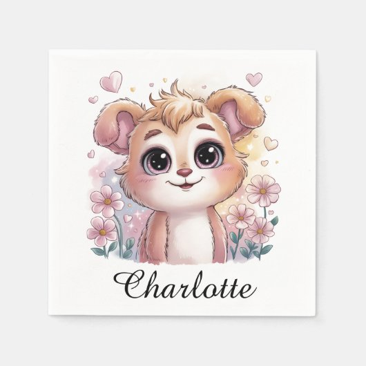 Kawaii Puppy with Spring Flowers and Hearts スタンダードカクテルナプキン (正面)