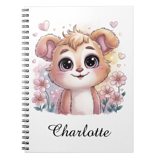 Kawaii Puppy with Spring Flowers and Hearts ノートブック (正面)