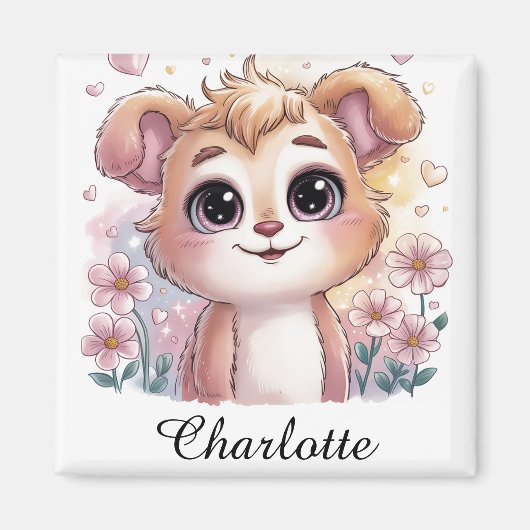 Kawaii Puppy with Spring Flowers and Hearts マグネット (正面)