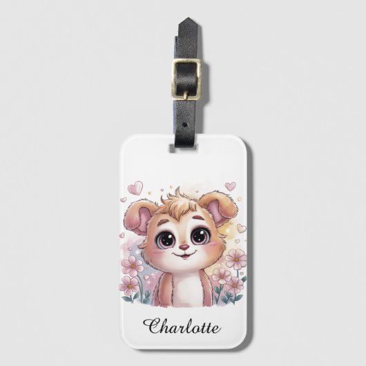 Kawaii Puppy with Spring Flowers and Hearts ラゲッジタグ (正面縦)