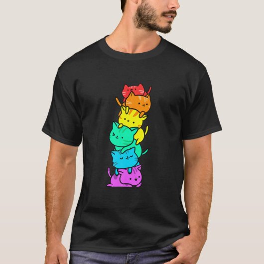 Kawaii Rainbow Cat Rainbow Cat Pile For LGBT Tシャツ (正面)
