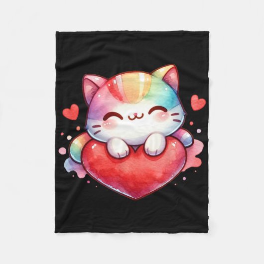 Kawaii Rainbow Cute Cat Hugging Heart Kitty Love C フリースブランケット (正面)