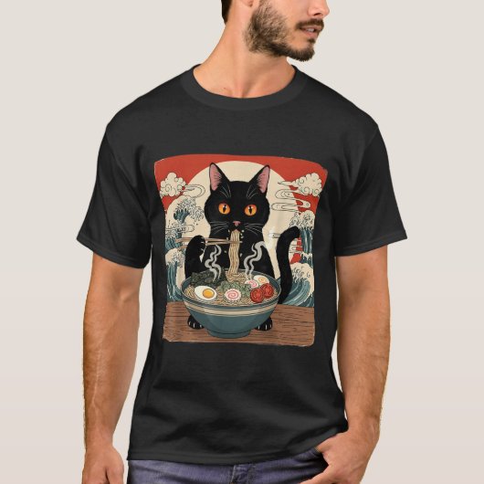 Kawaii Ramen Cat Anime Japanese Noodles Food Wave Tシャツ (正面)