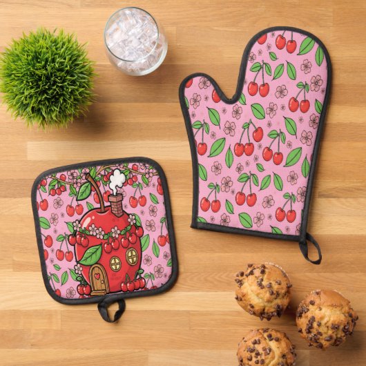 Kawaii Red Cherry Vibes Cute Girly Aesthetic 鍋つかみ&鍋敷きセット (トップダウン)