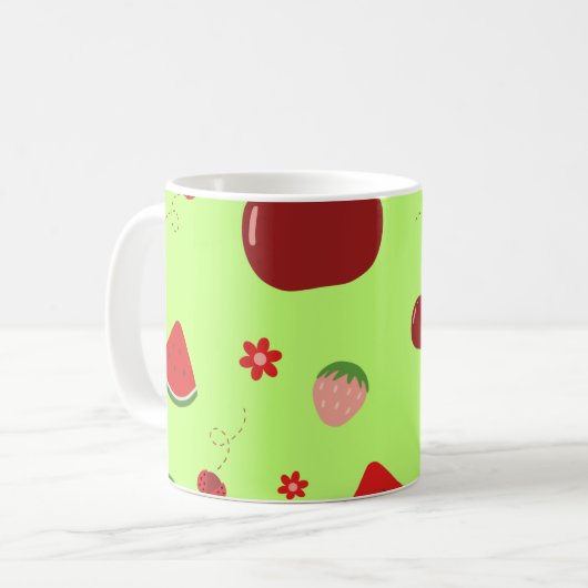 Kawaii Red Fruits Pattern in Lime Green コーヒーマグカップ (正面左)