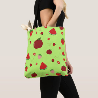 Kawaii Red Fruits Pattern in Lime Green トートバッグ
