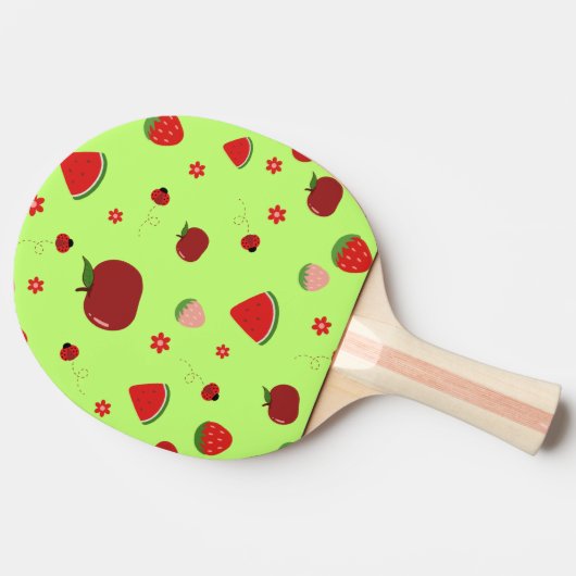Kawaii Red Fruits Pattern in Lime Green 卓球ラケット (横)