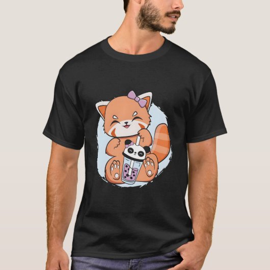 Kawaii Red Panda Boba Anime Pearl Bubble Tea Otaku Tシャツ (正面)