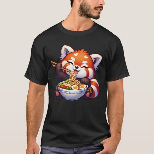Kawaii Red Panda Eating Ramen Noodle Anime Tシャツ (正面)