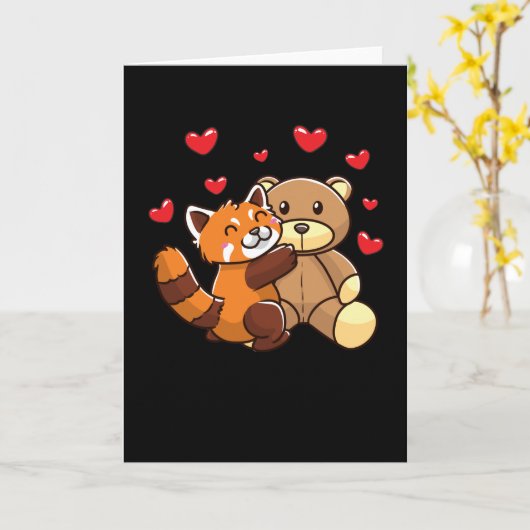 Kawaii Red Panda With Stuffed Animal カード (黄色い花)