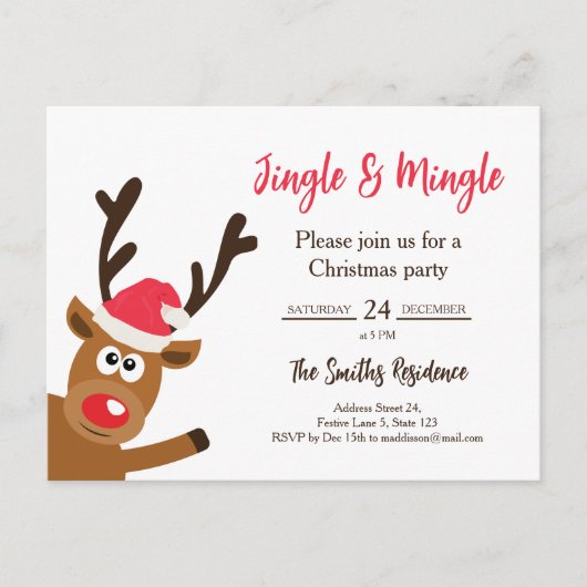 Kawaii Reindeer Christmas Party Invitation インビテーションポストカード (正面)