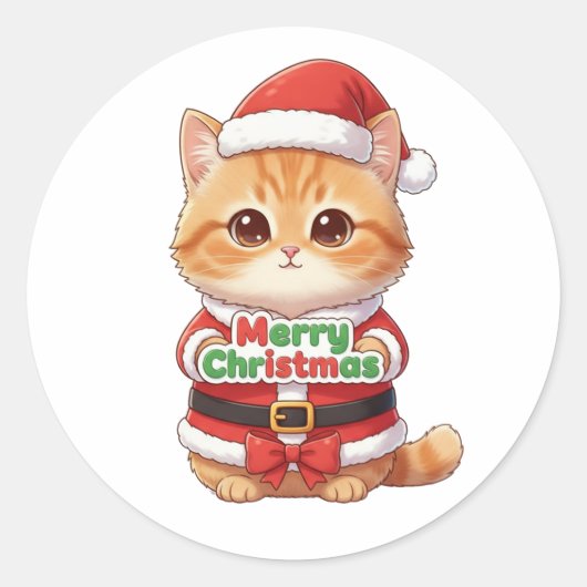 Kawaii Santa Cat Merry Christmas ラウンドシール (正面)
