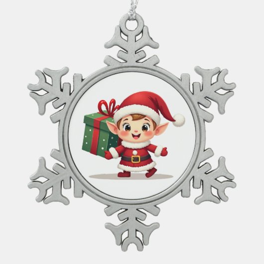 Kawaii Santa's Elf Helper Ornament スノーフレークピューターオーナメント (正面)