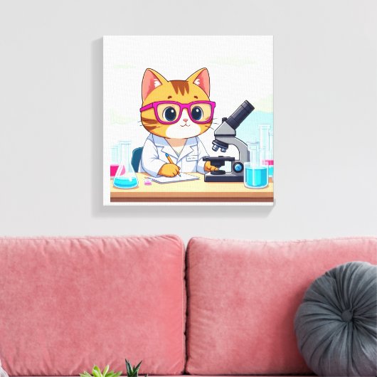 Kawaii Scientist Cat – Cute Cartoon Lab Canvas Art キャンバスプリント (インサイチュ (リビング))