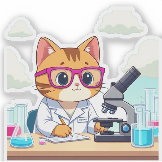 Kawaii Scientist Cat – Cute Lab Cat Vinyl Sticker シール (正面)