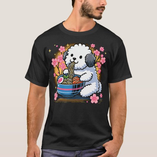 Kawaii Sheepadoodle dog Eating Ramen Tシャツ (正面)