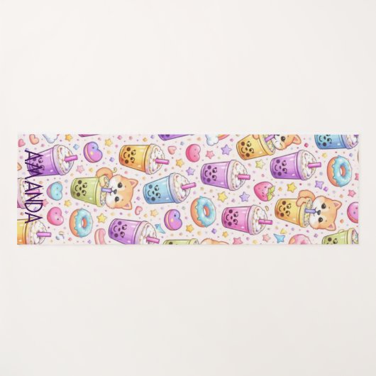 Kawaii Shiba Inu Boba Bubble Tea Pattern ヨガマット (正面(横))