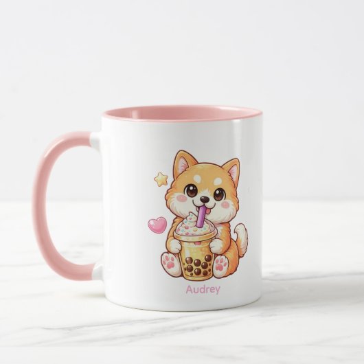 Kawaii Shiba Inu Drinking Bubble Tea Unisex マグカップ (左)