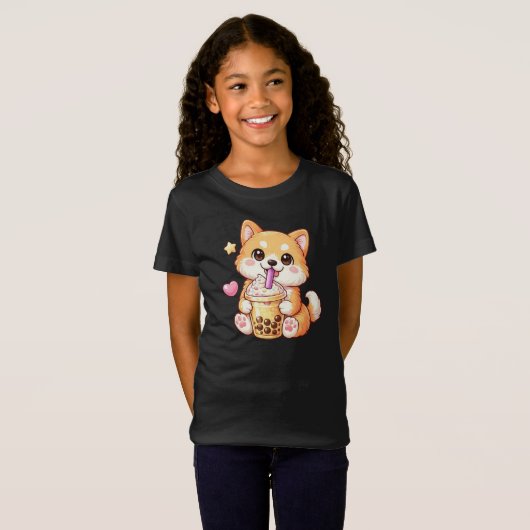 Kawaii Shiba Inu Drinking Bubble Tea Unisex Tシャツ (正面フル)