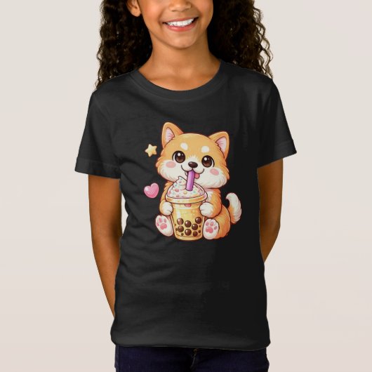 Kawaii Shiba Inu Drinking Bubble Tea Unisex Tシャツ (正面)