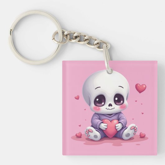 Kawaii Skeleton Holding Heart キーホルダー (正面)