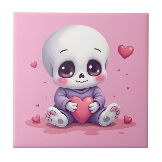 Kawaii Skeleton Holding Heart タイル (正面)