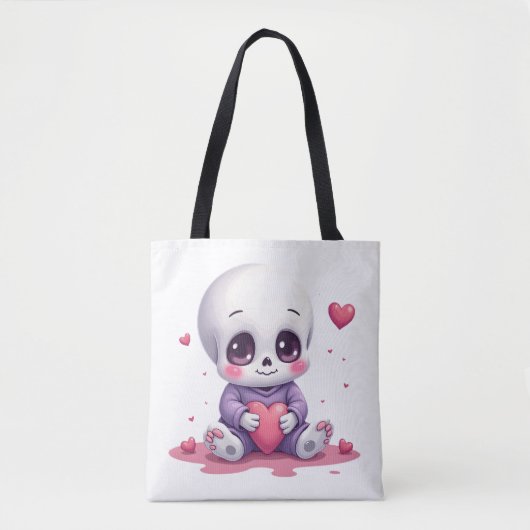 Kawaii Skeleton Holding Heart トートバッグ (正面)